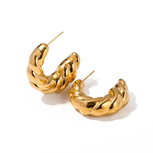 18K Gold Plated Chunky Hoop Earrings*Puff Hoops*High Gloss Finish*Twisted Hoops - Picture 2 of 7